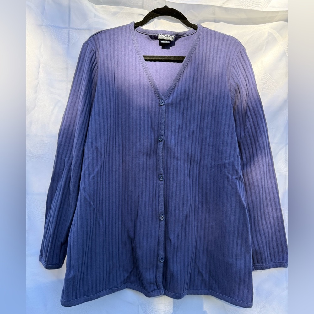Lands' End Cardigan Women’s Size Large Purple Cotton Ribbed Knit